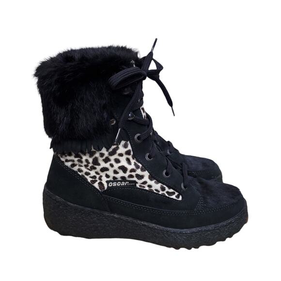 Oscar Sport Boot Lace Up Goatskin Black Fur Animal Print Snow Ski Apres EU 40 - Picture 1 of 16